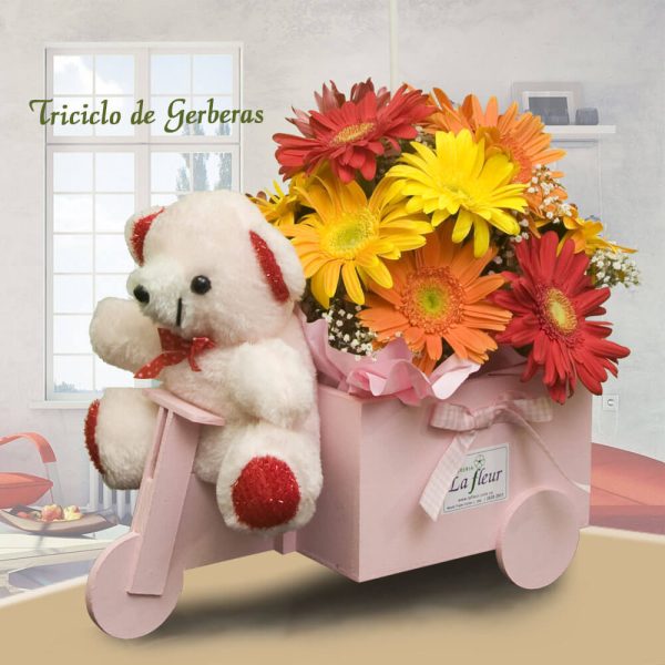 Arreglo Floral Triciclo con Gerberas, Globo y Peluche - Envío de flores y plantas, Florería La Fleur, Montevideo, Uruguay.